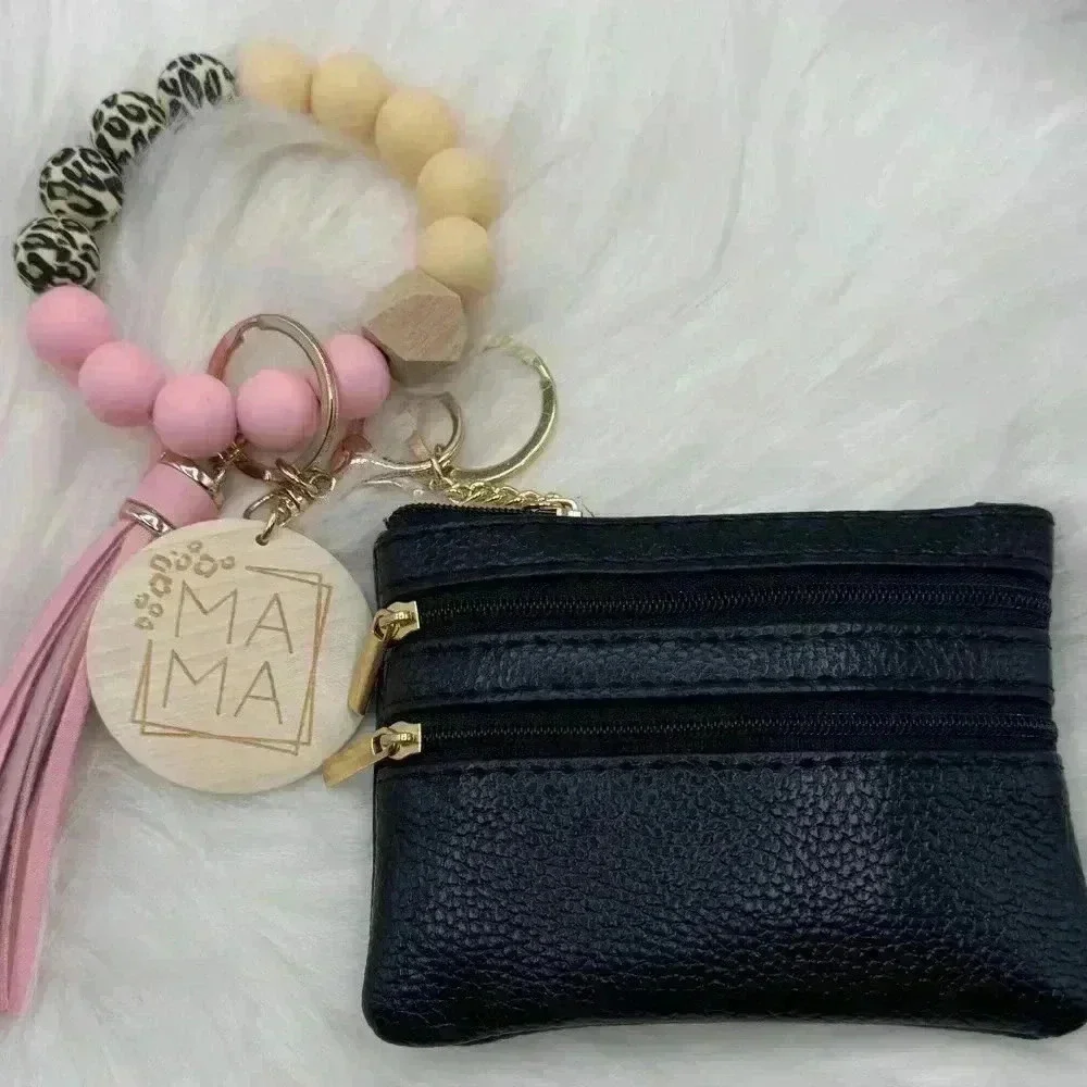 Carmella Black Wristlet Wallet with Mom Keychain tassel